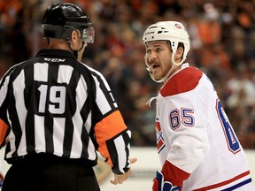 Andrew Shaw of the Montreal Canadiens talks with referee Gord Dwyer during the third period of a game against the Anaheim Ducks Nov. 29, 2016, in California.