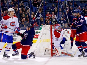 Cam Atkinson of the Columbus Blue Jackets celebrates after beating Canadiens' Al Montoya for a goal during the second period on Nov. 4, 2016, in Columbus. Montreal lost the game 10-0.