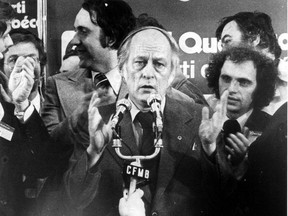 René Lévesque addresses the crowd at the Paul Sauvé Arena in Montreal after his Parti Québécois won the Nov. 15, 1976 Quebec election.