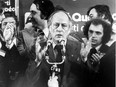 René Lévesque addresses the crowd at the Paul Sauvé Arena in Montreal after his Parti Québécois won the Nov. 15, 1976 Quebec election.