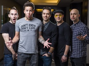 Montreal pop-rock act Simple Plan, from left to right: Chuck Comeau, Pierre Bouvier,  Sebastien Lefebvre, David Desrosiers and Jeff Stinco.