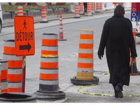 Construction cones on Notre Dame St. E.