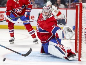 Montreal Canadiens Carey Price slides across his crease to block Florida Panthers shot during second period of National Hockey League game in Montreal Tuesday November 15, 2016.