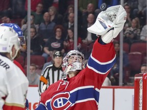 Canadiens goalie Carey Price catches deflected puck during second period of National Hockey League game against the Florida Panthers in Montreal Tuesday November 15, 2016.