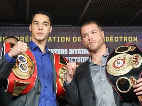 Montreal boxer Steven Butler, left, and Brandon Cook pose for the media during a news conference at the Bell Centre on Nov. 16, 2016.