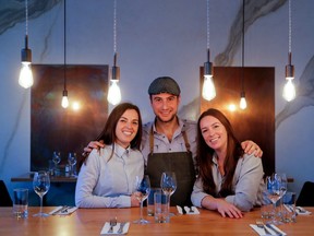 Stella Pizzeria co-founders Nathalie Côte, left to right, Alessandro Bleve and Sara Belley in the dining room at Stella in Montreal on Wednesday, Nov. 16, 2016.