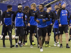 Montreal Impact Patrice Bernier, centre, leads his team during practice on Thursday November 17, 2016. The Impact play against the Toronto FC on Tuesday  November 22, 2016 for the first game of the Eastern Conference Championship.