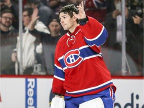 Montreal Canadiens Carey Price acknowledges the fans after shutting out the Vancouver Canucks and being named first star after National Hockey League game in Montreal Wednesday November 2, 2016.