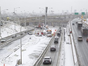 Construction continues around the Turcot Interchange as the new Route 136, centre, to downtown Montreal opens Nov. 21, 2016. The 136 bypasses Hwy. 720, which is closed for good.
