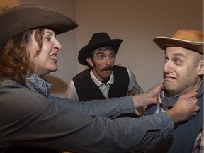 Mariana Vial, Joshua Budman (centre) and Jeff Gandell rehearse Devil's Canyon, to be performed at the Montreal Improv Theatre. All the funds raised through ticket sales will go to the Movember Foundation.