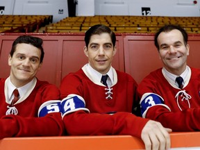 The cast of the Jean Béliveau miniseries includes Patrice Bélanger, left, as Boom Boom Geoffrion, Pierre-Yves Cardinal as Béliveau and Frédéric Blanchette as Butch Bouchard. The actors were at the Verdun Auditorium this week to shoot some of the on-ice and dressing-room scenes.
