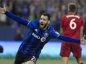 Impact's Matteo Mancosu celebrates his goal during first half action in Game 1 of the MLS Eastern Conference final held at Olympic Stadium.