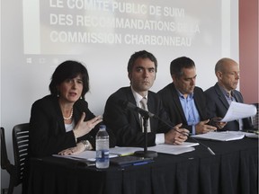 Members of a watchdog group that formed in 2016 to make sure the Quebec government enacts the 60 recommendations of the Charbonneau Commission, including, from the left, Martine Valois, Pierre-Oliver Brodeur, Gilles Ouimet and Denis St-Martin, attend a press conference in Montreal Wednesday, November 23, 2016 where they released their report card on how the government has fared in enacting the recommendations.