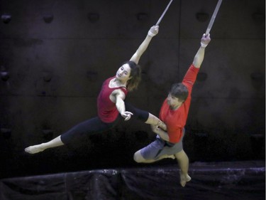 Acrobats Catherine Audy and Alexis Trudel during rehearsal of their double strap aerial routine in Cirque du Soleil's Ovo at the Bell Centre in Montreal Tuesday November 29, 2016.