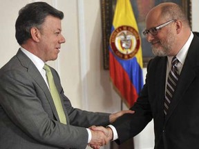 Montrealer Adam Kahane, right, is "a good friend, and a good friend of Colombia,” says President Juan Manuel Santos, who won the Nobel Peace Prize in October.