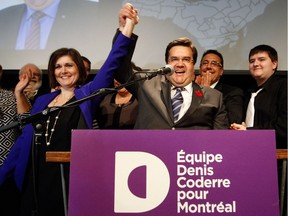 Denis Coderre celebrating his mayoralty victory Sunday, November 3, 2013 in Montreal with his wife Chantale Renaud. On the right is his son Alexandre. (John Kenney/THE GAZETTE)
