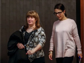 Rosa Robinson, left, mother of Pamela Jean leaves the courtroom during a break in Juan Fermin Palma's murder trial in Montreal Nov. 8, 2016.