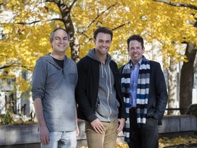 Co-creators Adrian Wills, left, and Kenneth Hirsch, right, with actor Ryan Pierce, who retired from a soccer career three years ago.