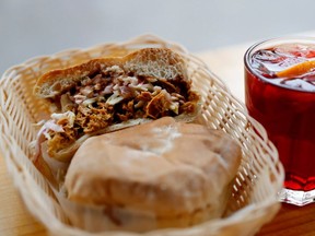 The fillings can change, from pork to chicken to beef or vegetables, but the torta's toppings stay the same: sliced tomatoes and onions, mayonnaise and mashed avocado. And a spoonful of homemade hot pickled jalapenos.