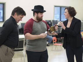 Left to right: Actors Steve Gillam, William Gray, and Joyce Chabot rehearse the play The Inspector General, presented by Lakeshore Players Dorval and directed by Corey Castle.