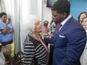 "He’s a wonderful person," Élise Béliveau says of P.K. Subban, seen with her at the opening of the P.K. Subban Atrium in the Montreal Children's Hospital in September 2015.