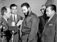 Future Quebec premier René Lévesque (far left), then a journalist for Radio-Canada, interviews Cuban leader Fidel Castro, centre, in Montreal in April 1959. This photograph by La Presse photographer Paul Henri Talbot was republished in The Gazette on Oct. 18, 1986. Standing between Castro and Lévesque is Claude Dupras, then-president of the Junior Chamber of Commerce, who organized a drive to send toys to children in Cuba. On the far right is lawyer Raymond Daoust, who initiated the toy drive.