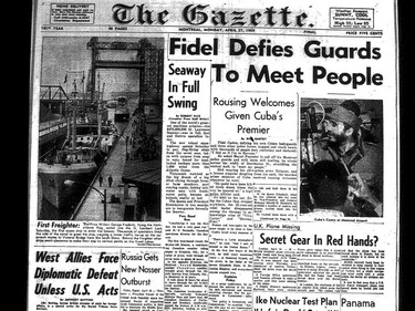 Front page of the Montreal Gazette of April 27, 1959, reporting on the Cuban premier's visit to the city, when he was mobbed by thousands.