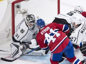 Montreal Canadiens' Paul Byron scores past Los Angeles Kings goalie Peter Budaj during first period NHL hockey action Thursday, November 10, 2016 in Montreal.