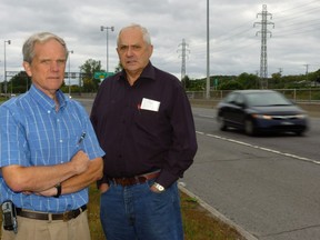 Pointe-Claire residents Paul Bissonnette and Valois Normandeau watch the cars pass by on Highway 20 in 2008, when first request for a sound barrier was made.   (TheGazette/Tyrel Featherstone)
