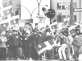 A pro-French Language Charter demonstration in downtown Montreal in the 1980s: "The fear and resentment it reflects, the imposing weight it carries, and the assimilative Visage" Bill 101 presents are all passé, Deepak Awasti and Murray Levine write.