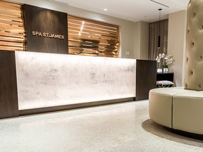 A bright reception area featuring a desk faced with Charlevoix quartz from the Turner family’s mine greets customers when they arrive at Spa St. James.