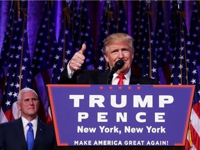 NEW YORK, NY - NOVEMBER 09:  Republican president-elect Donald Trump gives a thumbs up to the crowd during his acceptance speech at his election night event at the New York Hilton Midtown in the early morning hours of November 9, 2016 in New York City. Donald Trump defeated Democratic presidential nominee Hillary Clinton to become the 45th president of the United States.