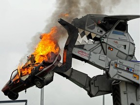The Robosaurus performs a completely different kind of fire-eating than one normally sees as a circus trick.