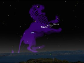 The moon pairs up with bright star Regulus, the heart of the constellation Leo, the lion.
(Image courtesy A. Fazekas, SkySafari)