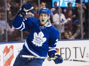 Toronto Maple Leafs left wing James van Riemsdyk reacts after scoring against the Florida Panthers during second period NHL hockey action in Toronto on Thursday, November 17, 2016.