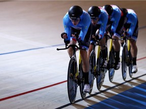 Adam Jamieson, Aidan Caves, Jay Lamoureux and Bayley Simpson of Canada compete in the Men's Team Pursuit Final during the Tissot UCI Track Cycling World Cup 2016-2017 held at the sport centre Omnisport on Nov. 12, 2016, in Apeldoorn, Netherlands.