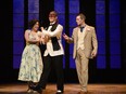 Zerlina (Hélène Guilmette), Don Giovanni (Gordon Bintner) and Masetto (Stephen Hegedus): formal suits and fedoras suggest the story is set in the middle of the 20th century.