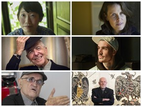 Clockwise from top left: Madeleine Thien; Annabel Soutar; Koriass; René Derouin; Serge Losique; Leonard Cohen.