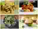 Clockwise from top left: Hvor's baby buckwheat cavatelli; Graziella's osso bucco; Maison Boulud’s apple, caramel and sea buckthorn tarts; Emiliano’s sopa azteca.