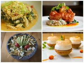 Clockwise from top left: Hvor's baby buckwheat cavatelli; Graziella's osso bucco; Maison Boulud’s apple, caramel and sea buckthorn tarts; Emiliano’s sopa azteca.