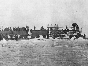 A train on an ice bridge across the St. Lawrence river.