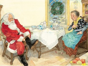 An inside spread, by Jerry Pinkney, shows Santa reclaiming his lost footwear in The Christmas Boot, by Lisa Wheeler.