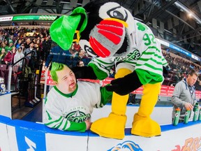 St. John's IceCaps super fan Andrew Abbott with team mascot Buddy the Puffin during a game last season.