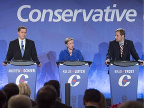 Andrew Scheer, Kellie Leitch and Brad Trost, left to right, participate in the Conservative leadership candidates' bilingual debate in Moncton, N.B. on Tuesday, Dec. 6, 2016. Conservatives vote for a new party leader on May 27, 2017.