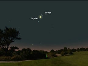 At dawn on Dec. 22 watch the moon join Jupiter high in the southern sky. (Credit: A. Fazekas, SkySafari)