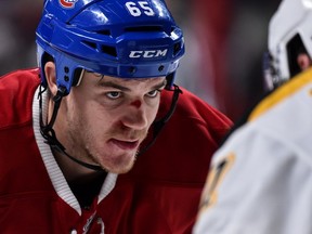 Andrew Shaw of the Montreal Canadiens looks on prior to a faceoff during the NHL game against the Boston Bruins at the Bell Centre on December 12, 2016 in Montreal, Quebec, Canada.