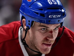 Andrew Shaw (#65) of the Montreal Canadiens looks on prior to a faceoff during the NHL game against the Boston Bruins at the Bell Centre on December 12, 2016 in Montreal.