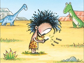 Cover illustration for Tek, by Patrick McDonnell. The boy's parents wish he'd go out and play with the dinosaurs.
