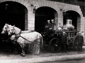 Horse drawn fire wagon apparently acquired by the Montreal Fire Department after the disastrous fire that destroyed the building of the Montreal Board of Trade on St. Sacrement St. in 1901.