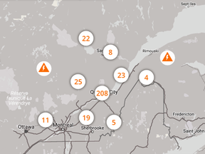 Thousands of people were without power Dec. 1, 2016, after snowstorms in eastern Quebec.